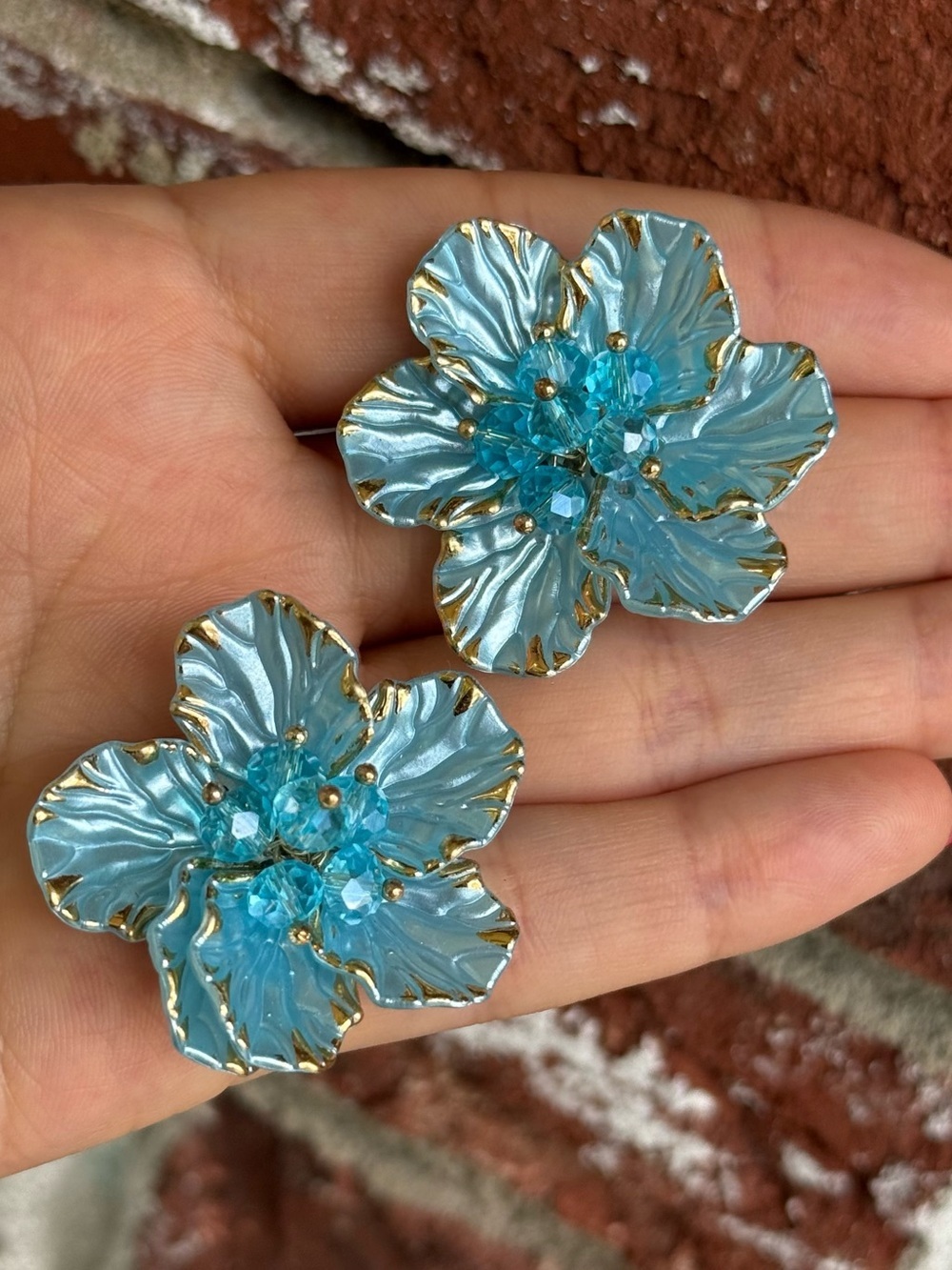Blue Floral Crystal Statement Earrings - Gold Trim